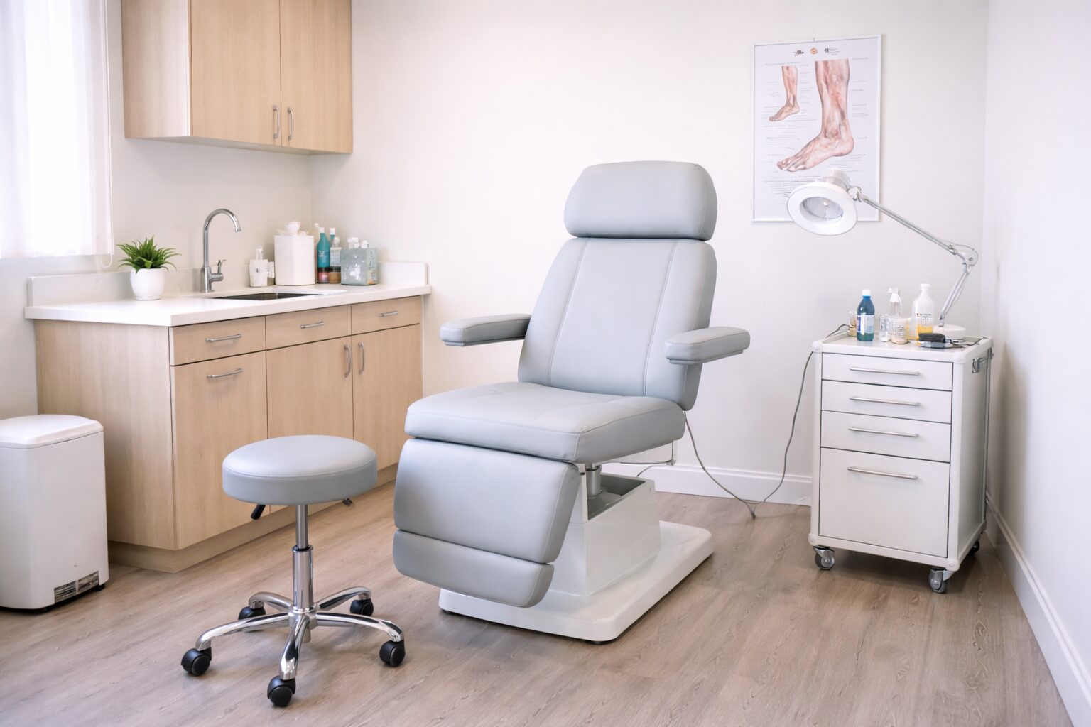 Podiatry exam room and educational resources setting