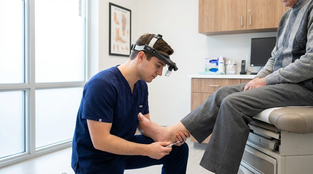 Podiatrist examining patient foot at TSB Podiatry clinic