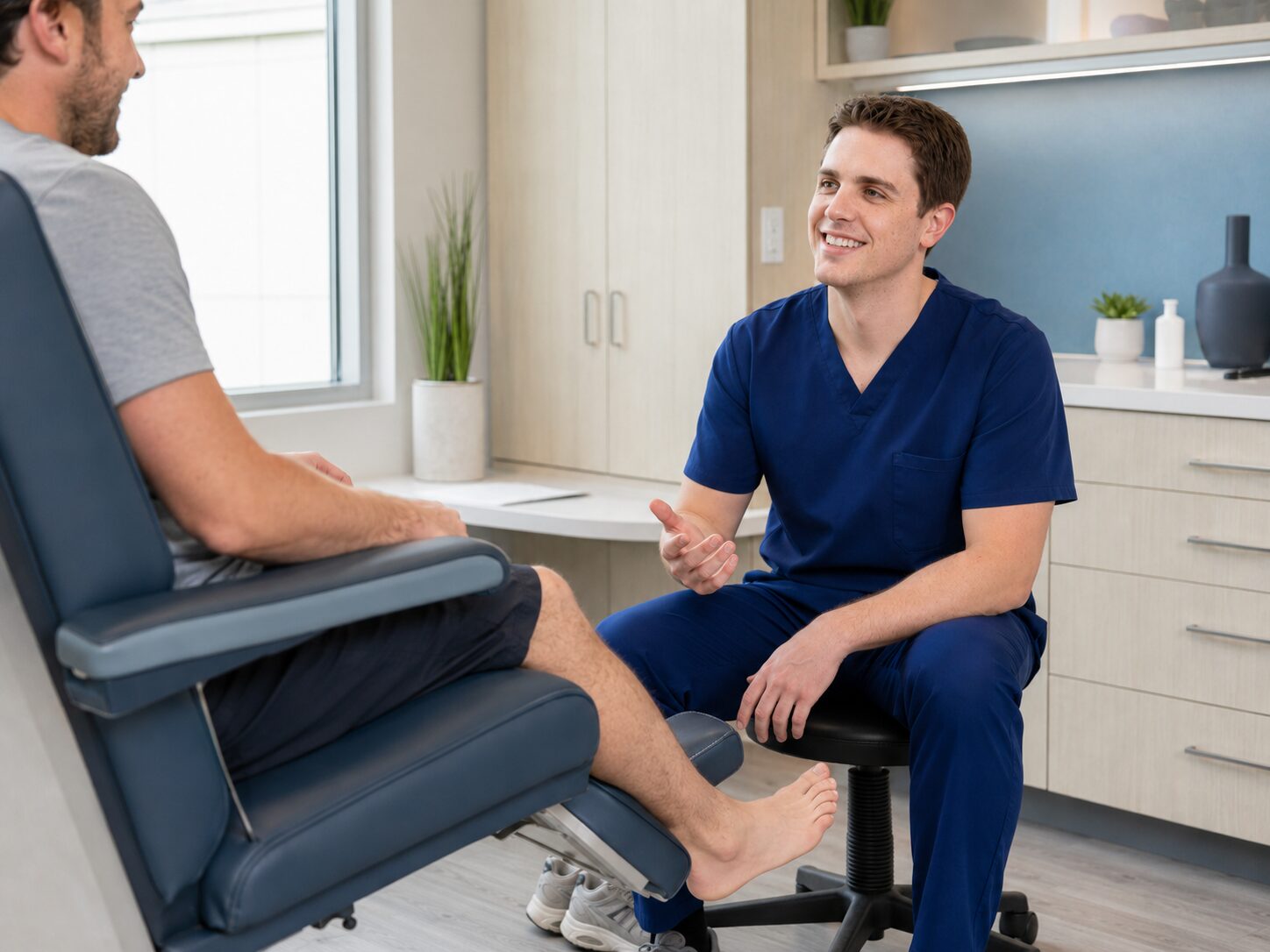 Dr. Boehm consulting with a seated patient at TSB Podiatry