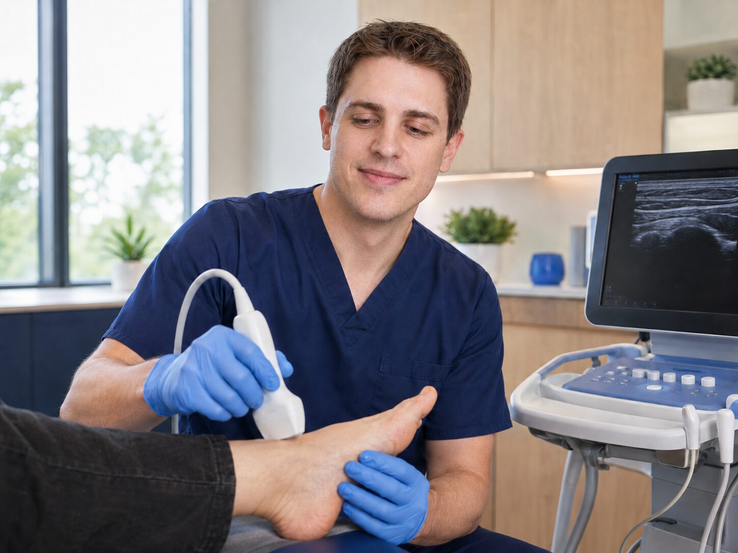 Dr. Boehm using ultrasound during a foot exam