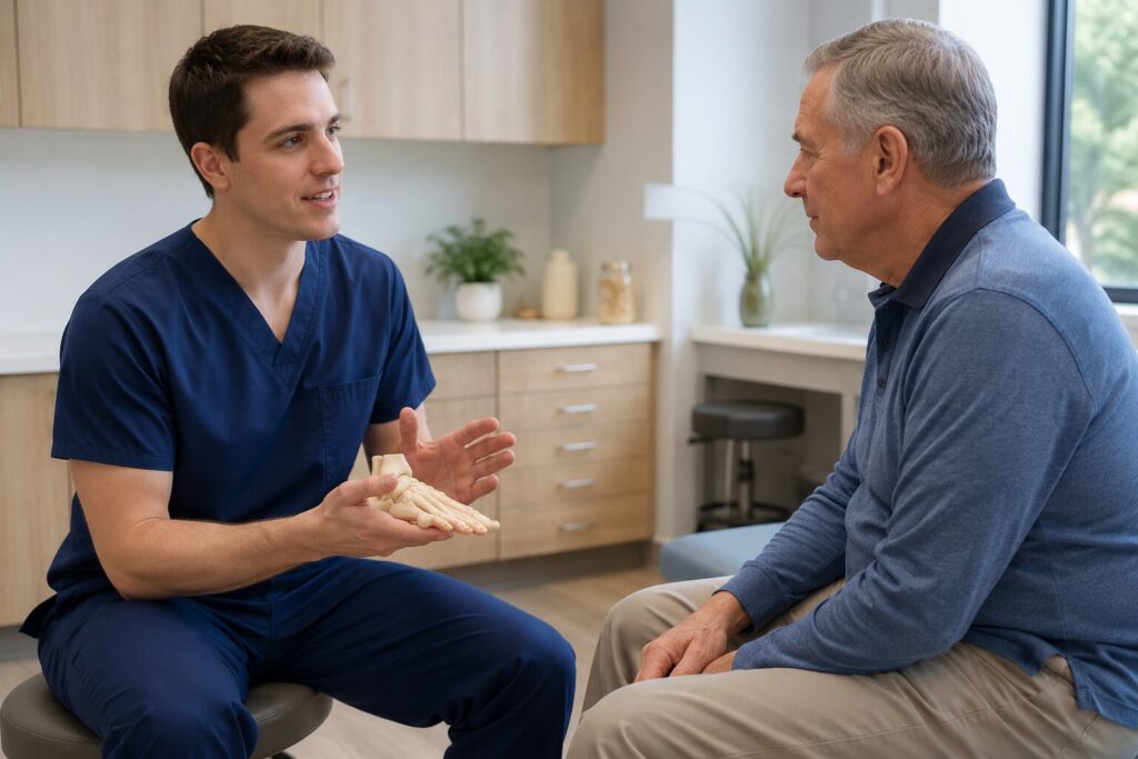Dr. Boehm discussing foot care with an older patient