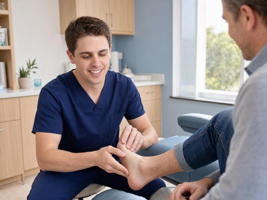 Dr. Boehm assessing a patient foot during an exam
