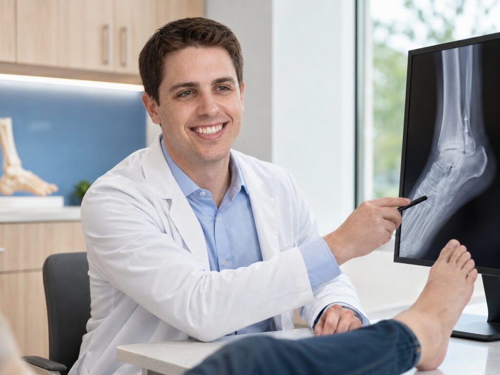 Dr. Boehm reviewing a foot X-ray with a patient