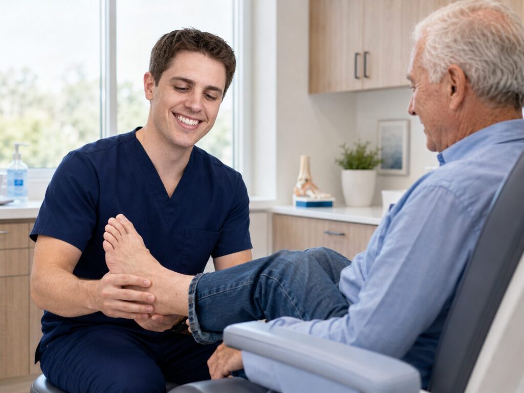 Dr. Boehm examining an older patient foot in the exam room