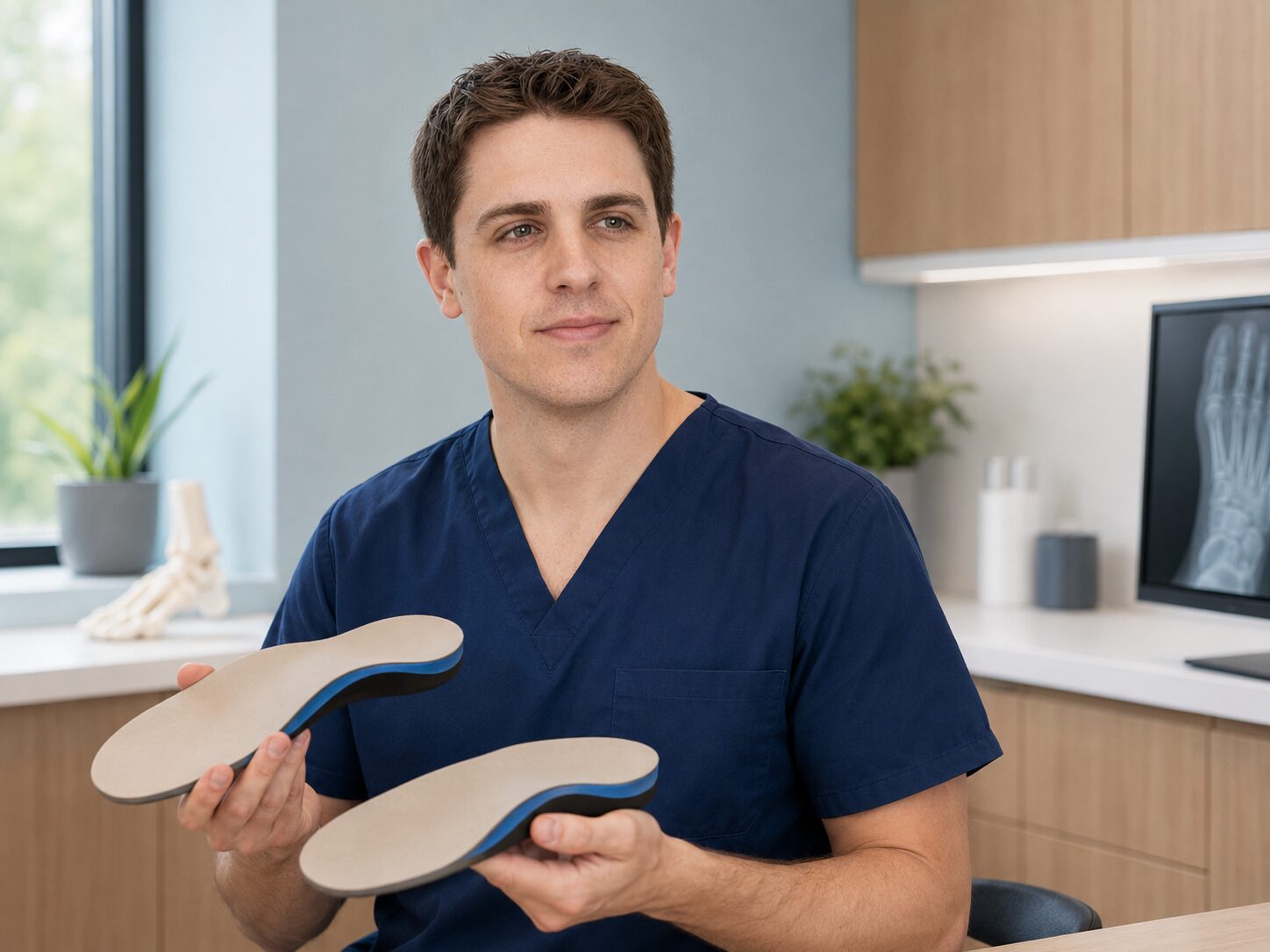 Dr. Boehm presenting custom orthotics to a patient