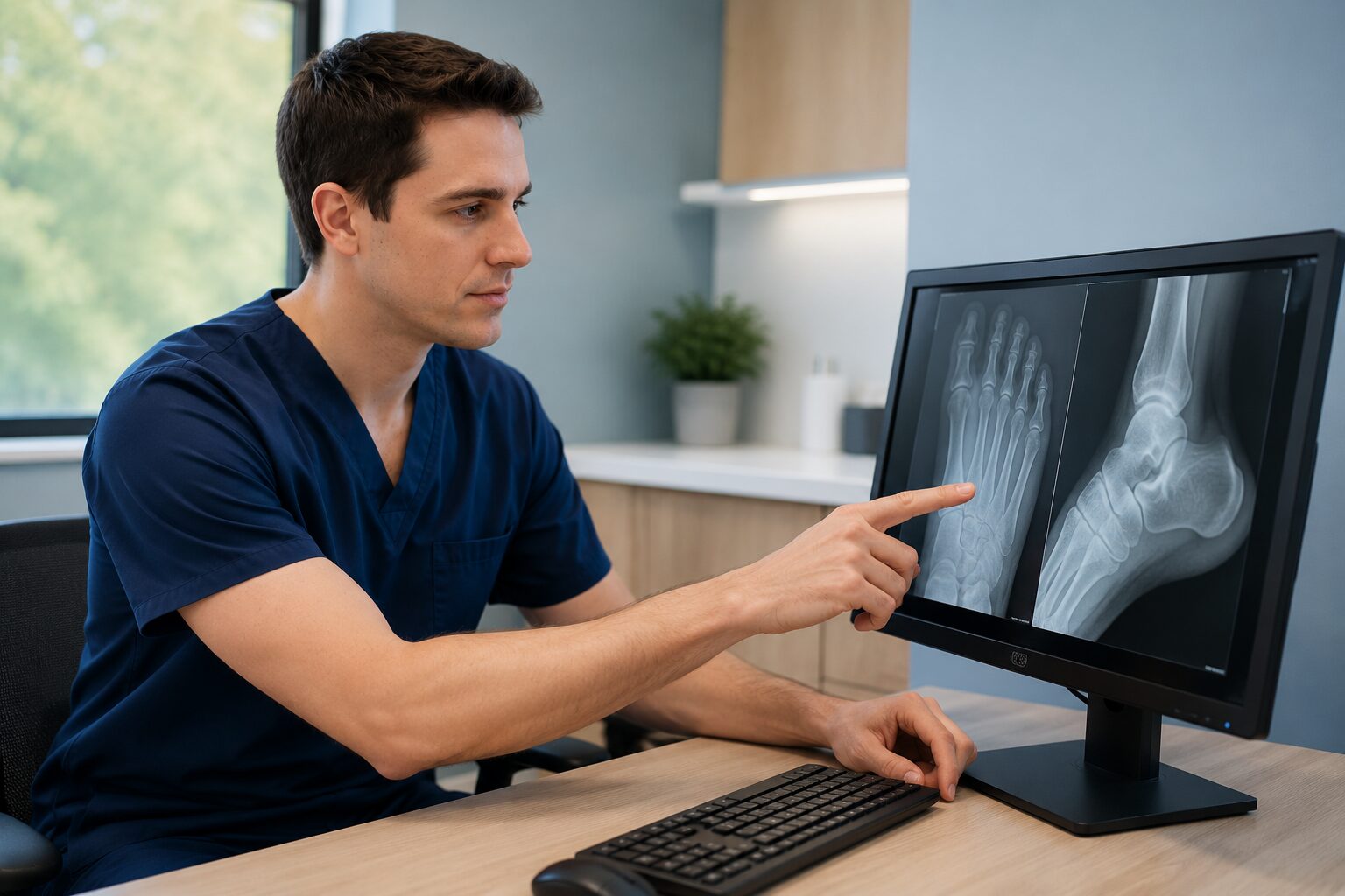Dr. Boehm pointing to a foot X-ray on a monitor