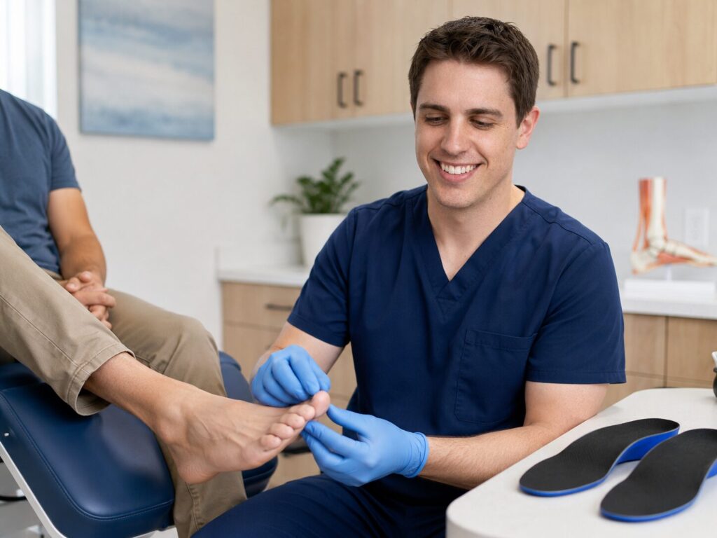 Dr. Boehm examining a patient foot with orthotics on the exam table